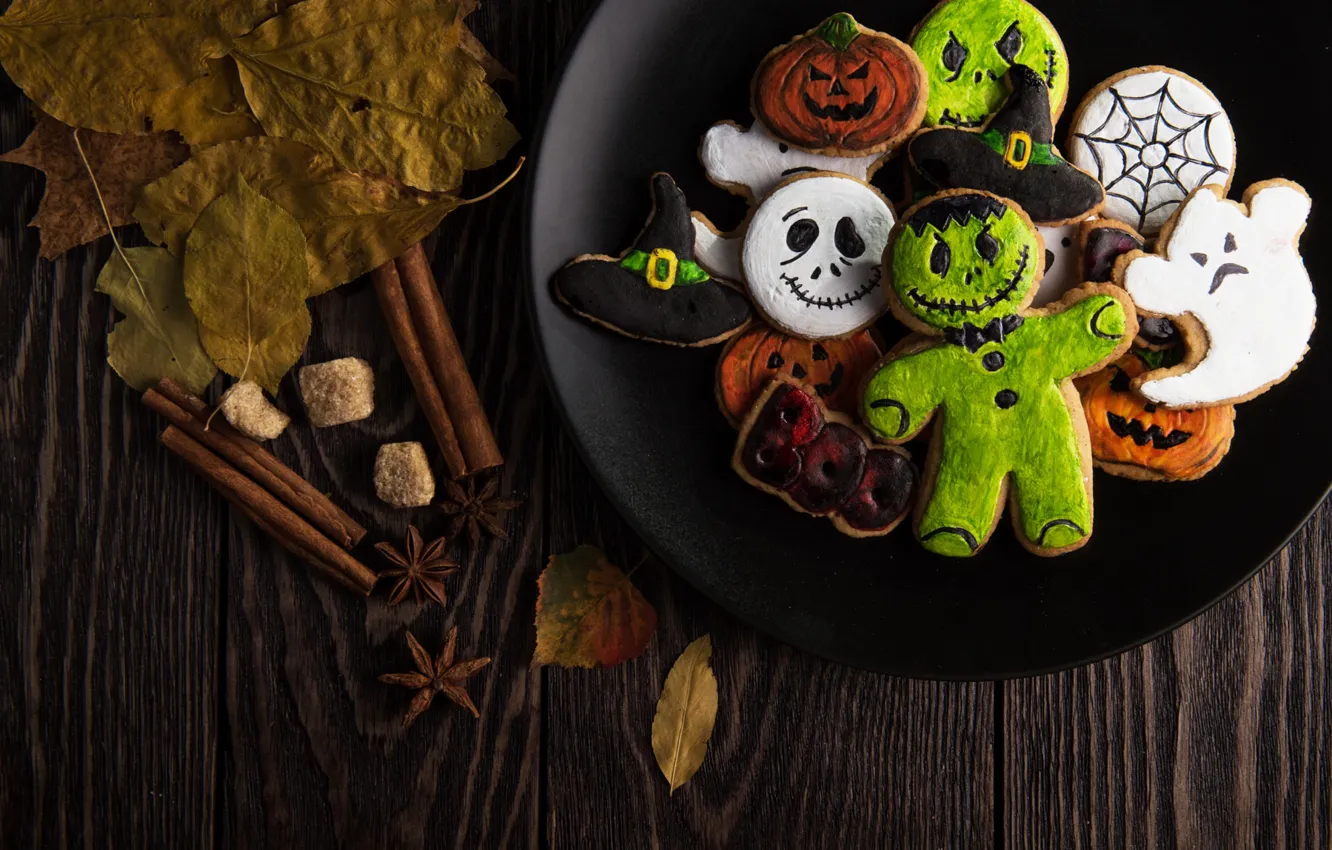 Фото обои Halloween, ghost, monster, hat, wood, food, leaves, sweets