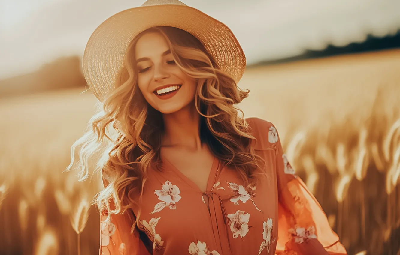 Фото обои поле, девушка, улыбка, шляпа, ИИ-арт, НЕЙРОСЕТЬ