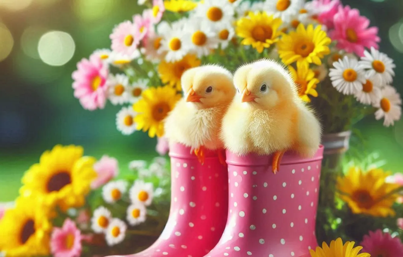Фото обои зелень, свет, цветы, желтый, птица, поляна, цыплята, букет