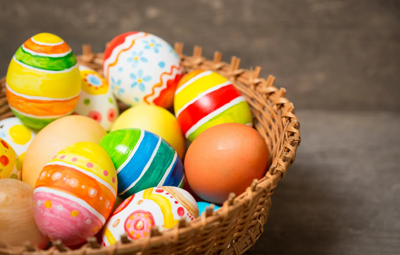 Фото обои корзина, colorful, Пасха, happy, wood, Easter, eggs, holiday