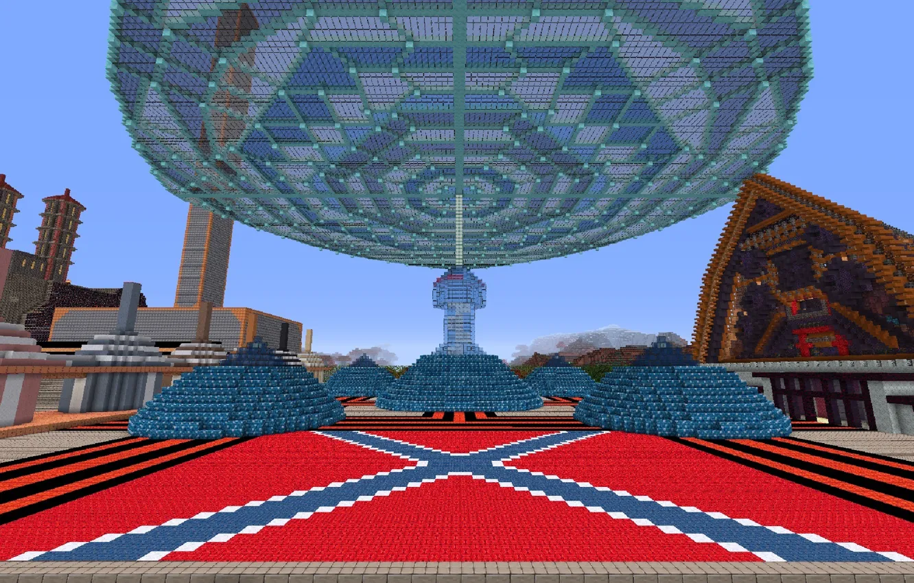 Фото обои небо, город, башня, дома, площадь, minecraft