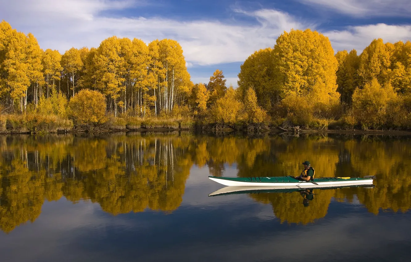 Фото обои осень, лес, небо, вода, облака, деревья, отражение, река