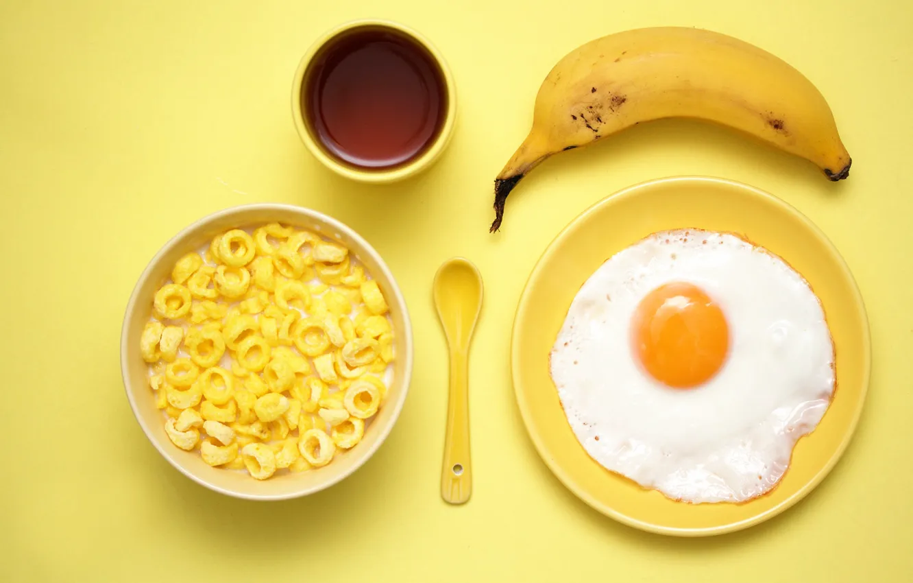 Фото обои яйцо, завтрак, банан, хлопья, Yellow breakfast