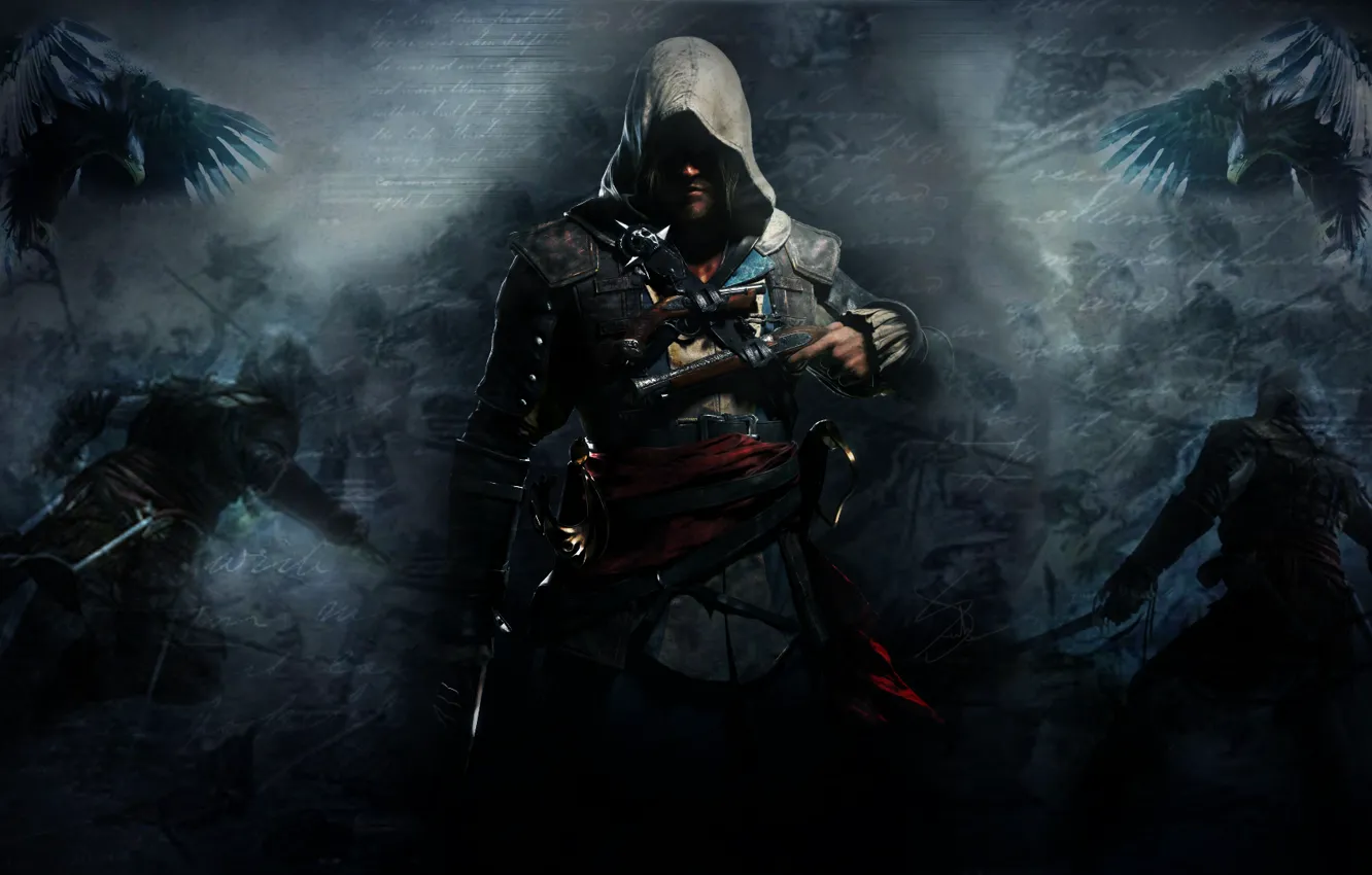 Фото обои оружие, игра, вороны, битва, Эдвард Кенуэй, Assassin's Creed IV: Black Flag, Edward Kenway, капьшон