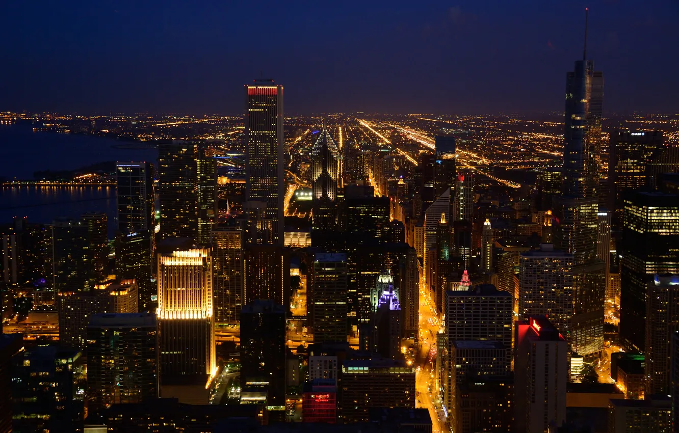 Фото обои ночь, огни, река, Чикаго, США, небоскрёбы, улицы, Сирс тауэр
