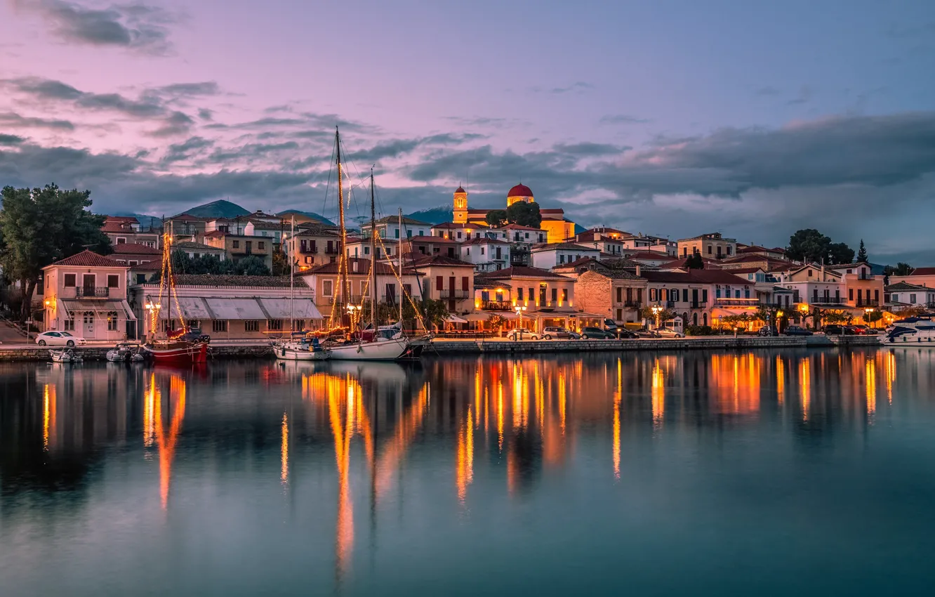 Фото обои море, здания, дома, яхты, вечер, Греция, причал, Greece