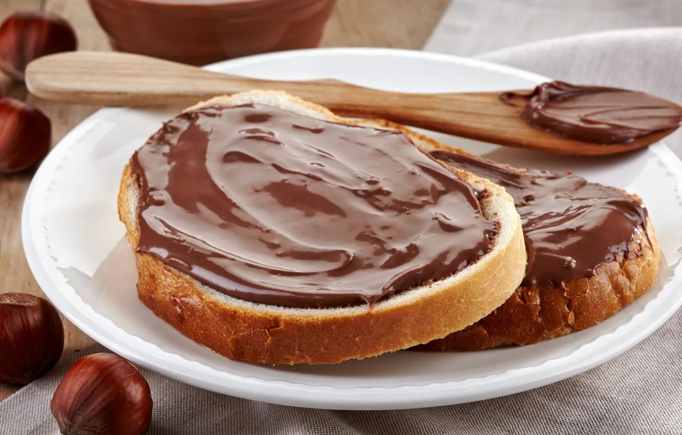 Фото обои food, chocolate, Nutella, cream, bread, hazelnuts