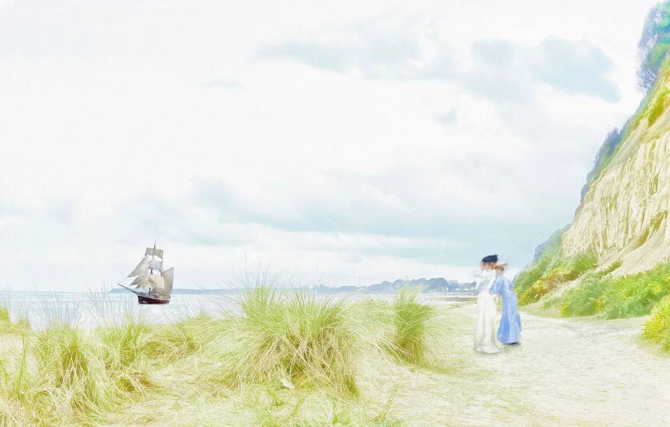 Фото обои пейзаж, скалы, берег, корабль, парус, прогулка, дама