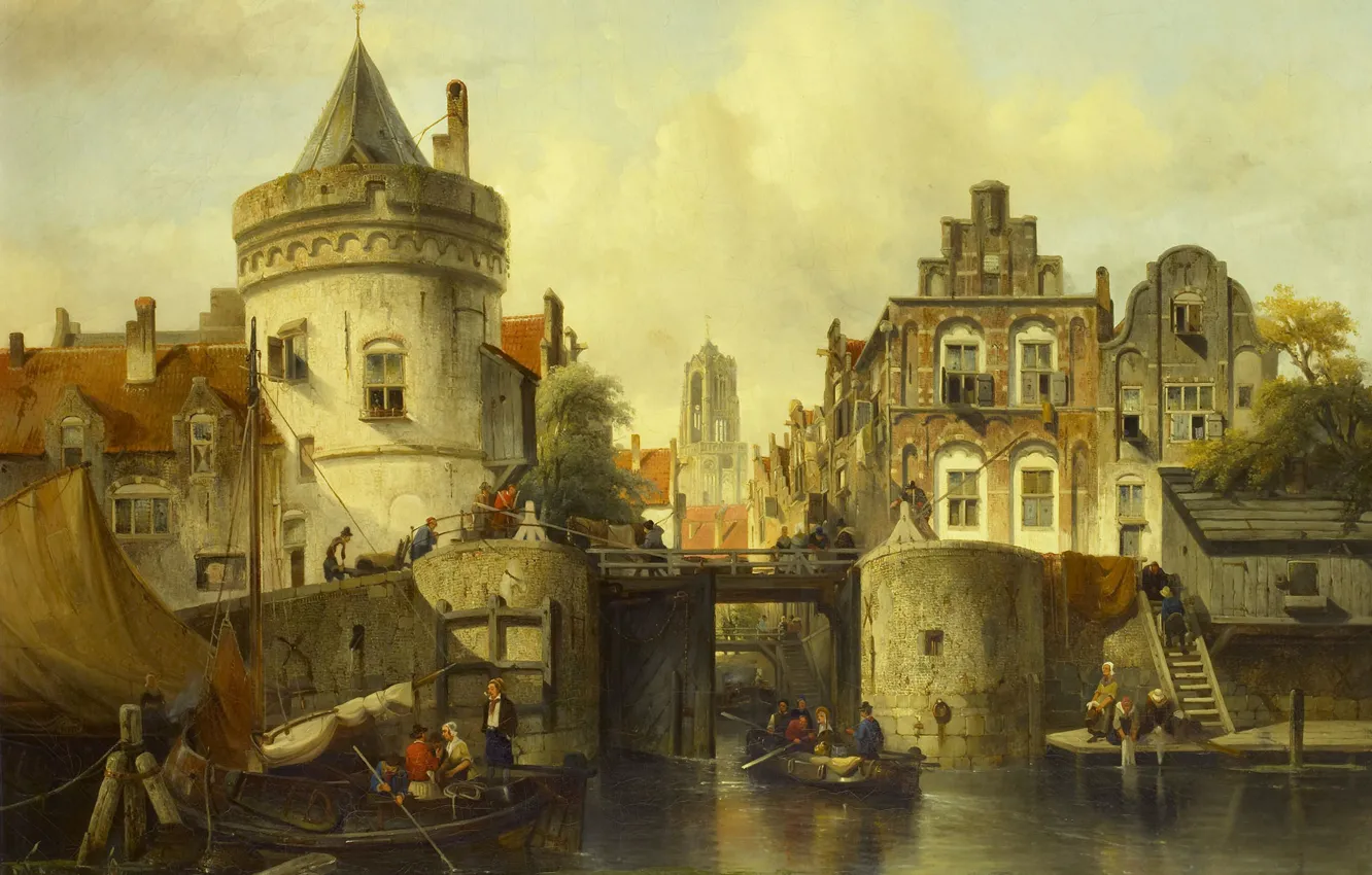 Фото обои масло, картина, холст, городской пейзаж, Самюэль Вервеер, Вид на Kolksluis в Амстердаме
