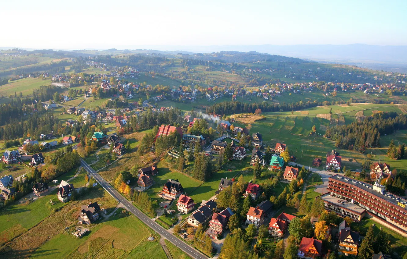Фото обои город, фото, дома, Польша, сверху, Tatrzanska, Bukowina