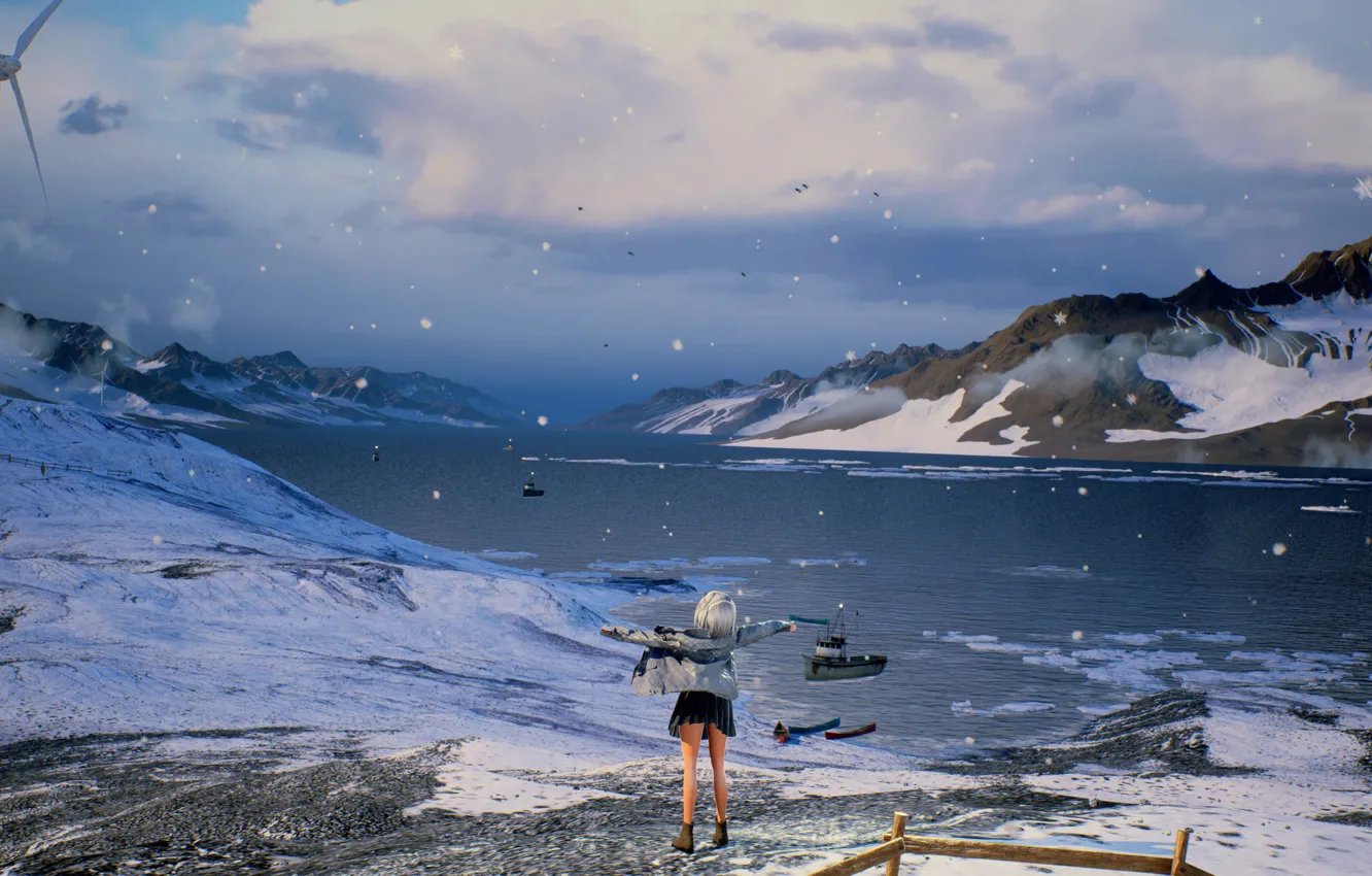 Фото обои девушка, снег, горы, природа, озеро, by rengreng