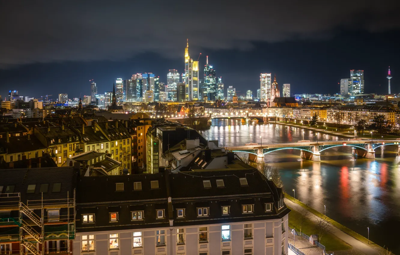 Фото обои мост, огни, река, вечер, Германия, Франкфурт-на-Майне
