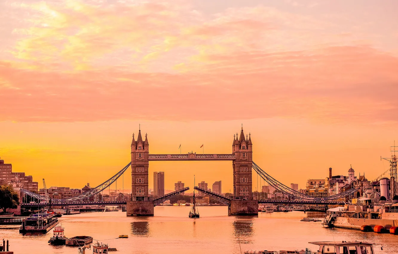 Фото обои sunrise, Tower Bridge, London, boats, River Thames, Engalnd