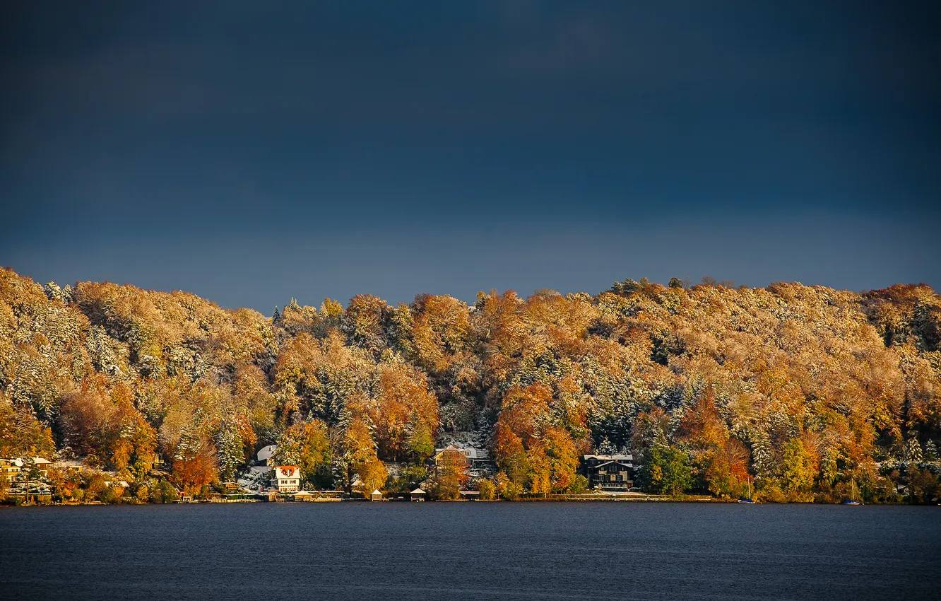 Фото обои sky, trees, winter, lake, snow, houses, lakeshore