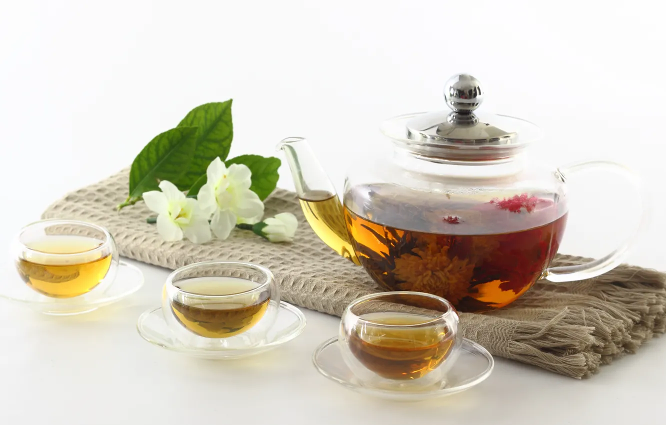 Фото обои цветы, чай, чайник, чашки, китайский, жасмин, вязанный, пиалы