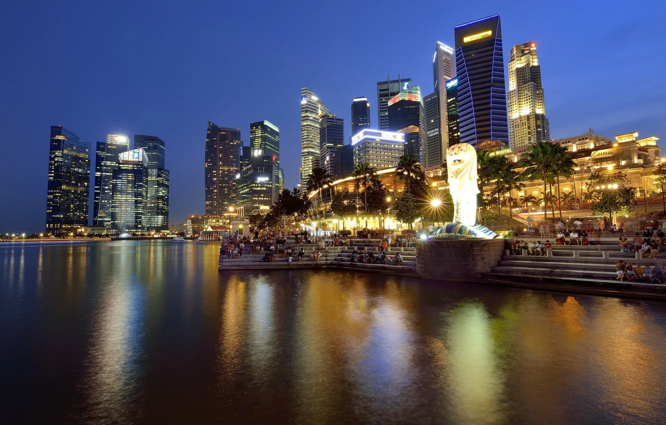Фото обои Город, Сингапур, Пейзаж, Ночной город, Ночные огни
