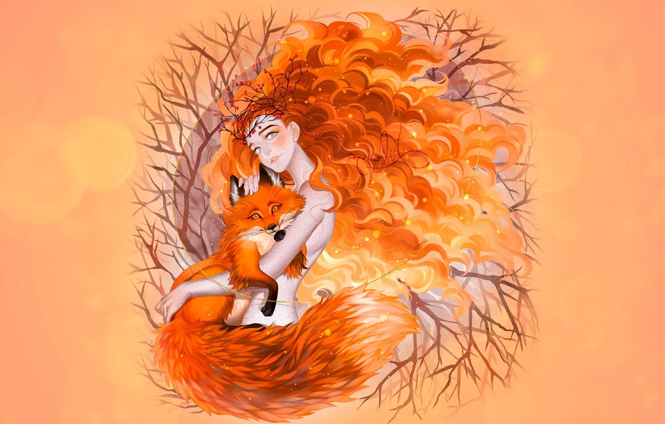 Фото обои осень, девушка, лиса, рыжая осень, luleiya, Fox Spirit