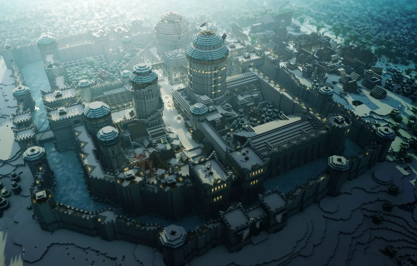 Фото обои зима, крыша, снег, деревья, город, стена, башня, дома