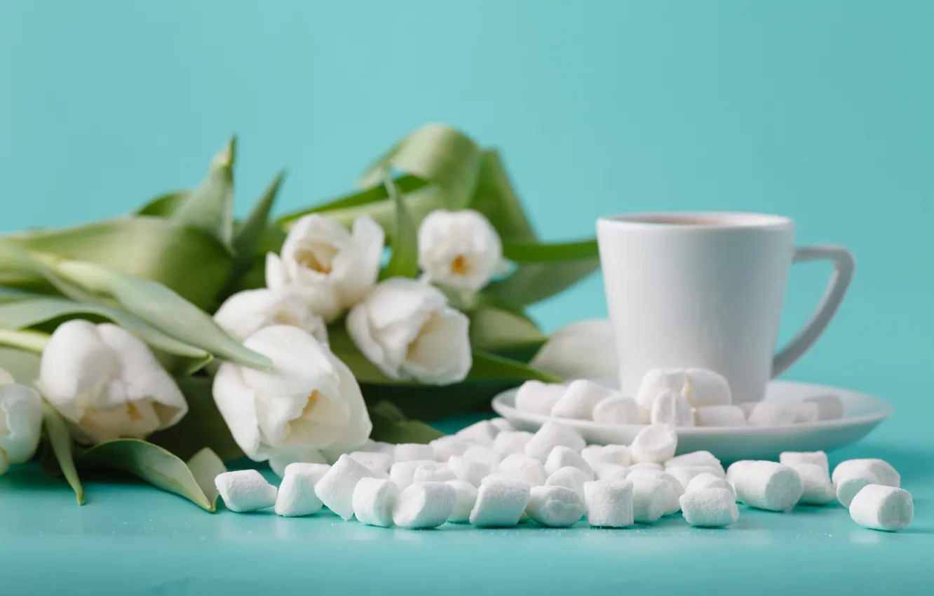 Фото обои чашка, тюльпаны, белые, зефир, Andrey Cherkasov