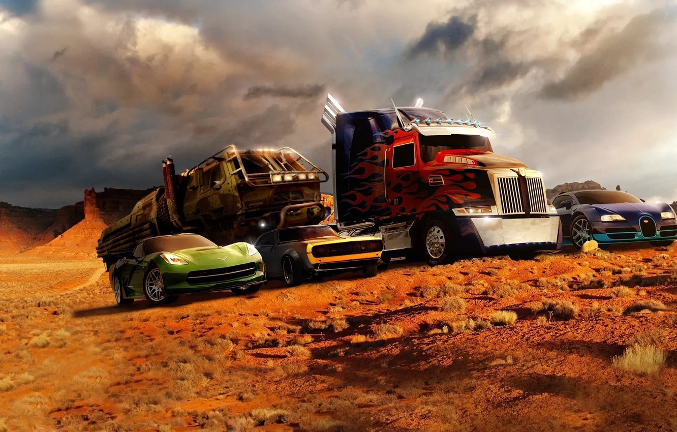 Фото обои пустыня, bugatti, оптимус прайм, transformers 4, трансформеры 4, shevrolet corvette