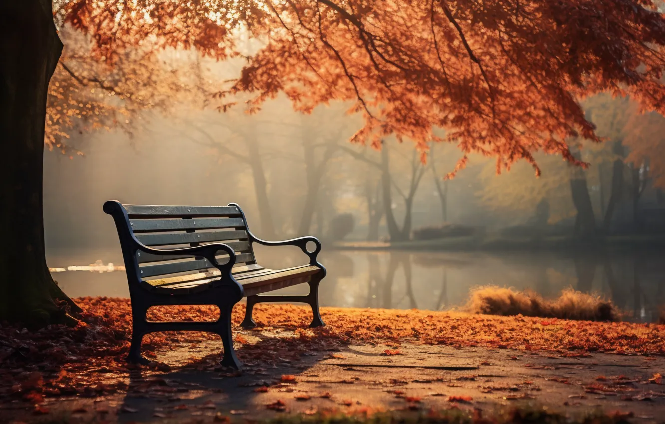 Фото обои осень, листья, скамейка, парк, nature, park, autumn, leaves