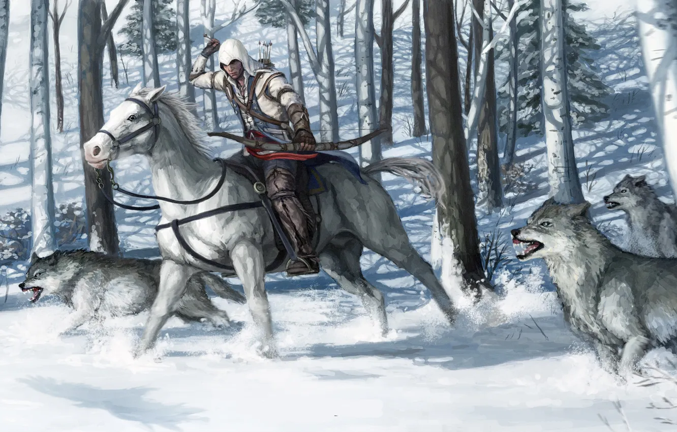 Фото обои зима, снег, лошадь, волки, Assassin’s Creed III, Коннор Кенуэй