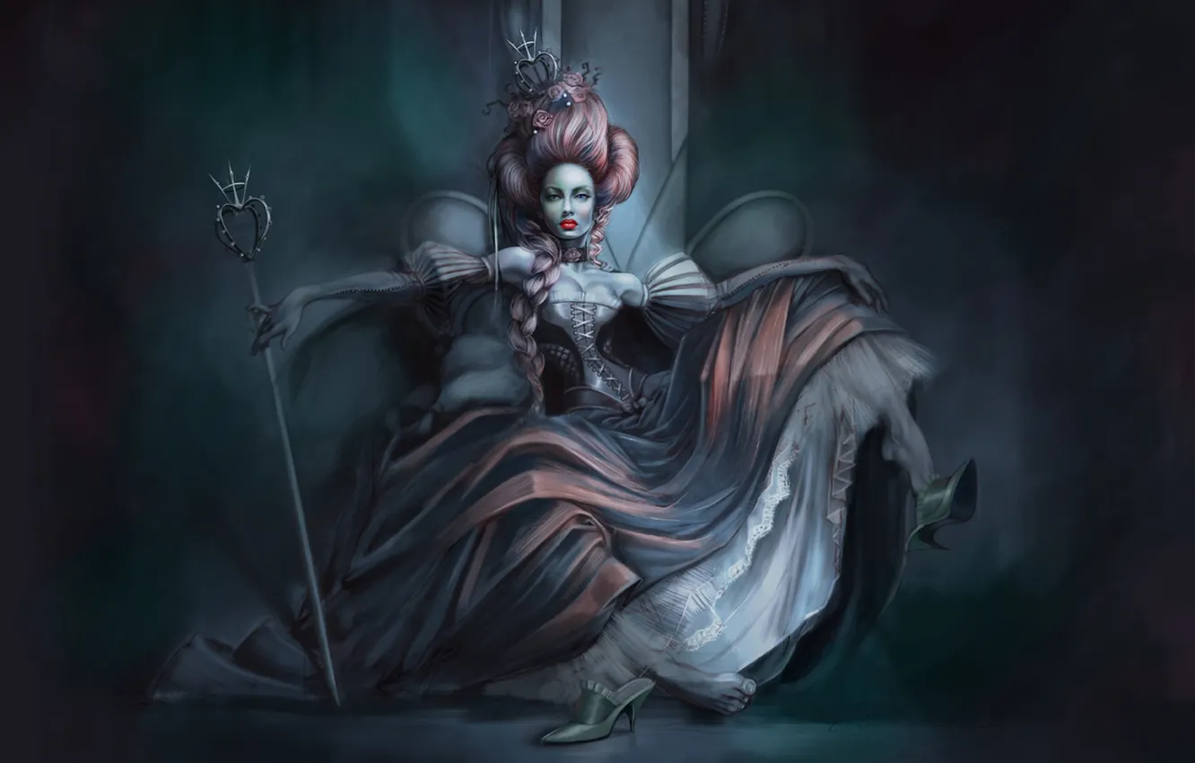 Фото обои поза, Девушка, корона, коса, трон