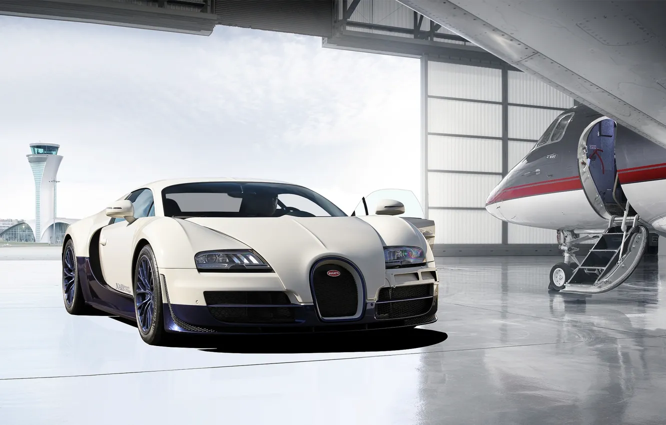 Фото обои самолет, гараж, Bugatti, ангар, Veyron, бугатти, Super Sport, garage