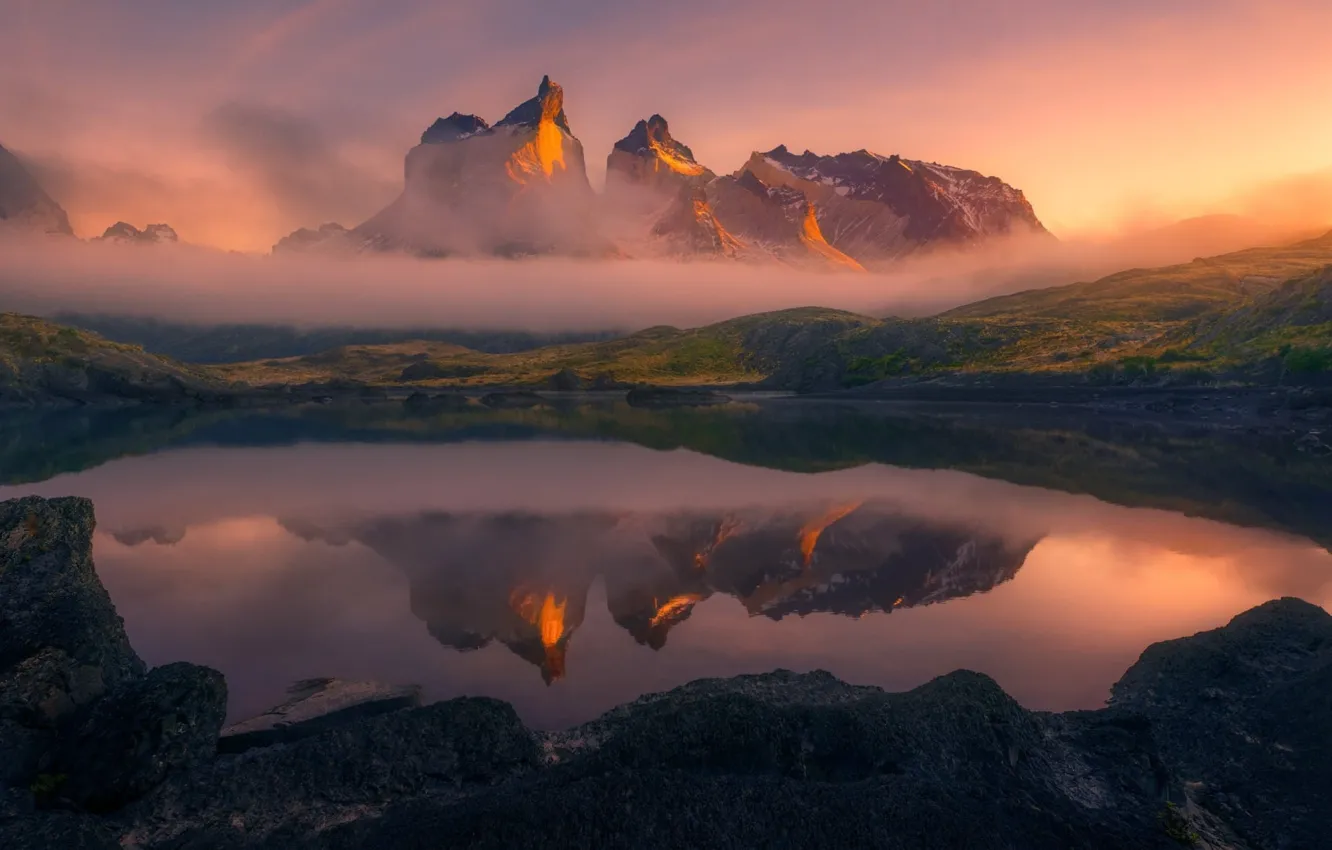 Фото обои sunset, mountains, evening, fog, Chile, Patagonia, Andes