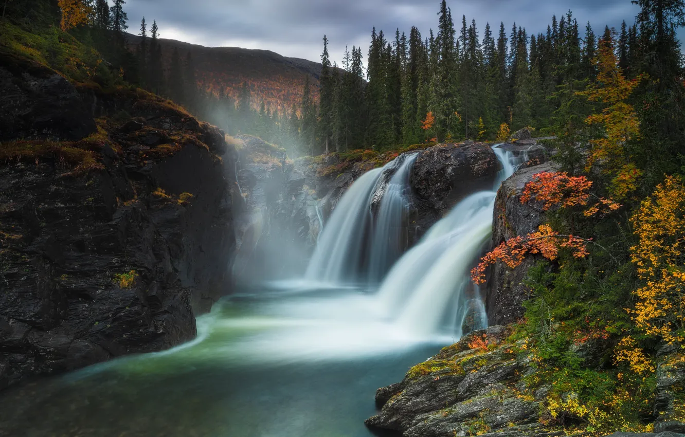 Фото обои осень, лес, горы, река, Норвегия, водопады, Norway, Hemsedal