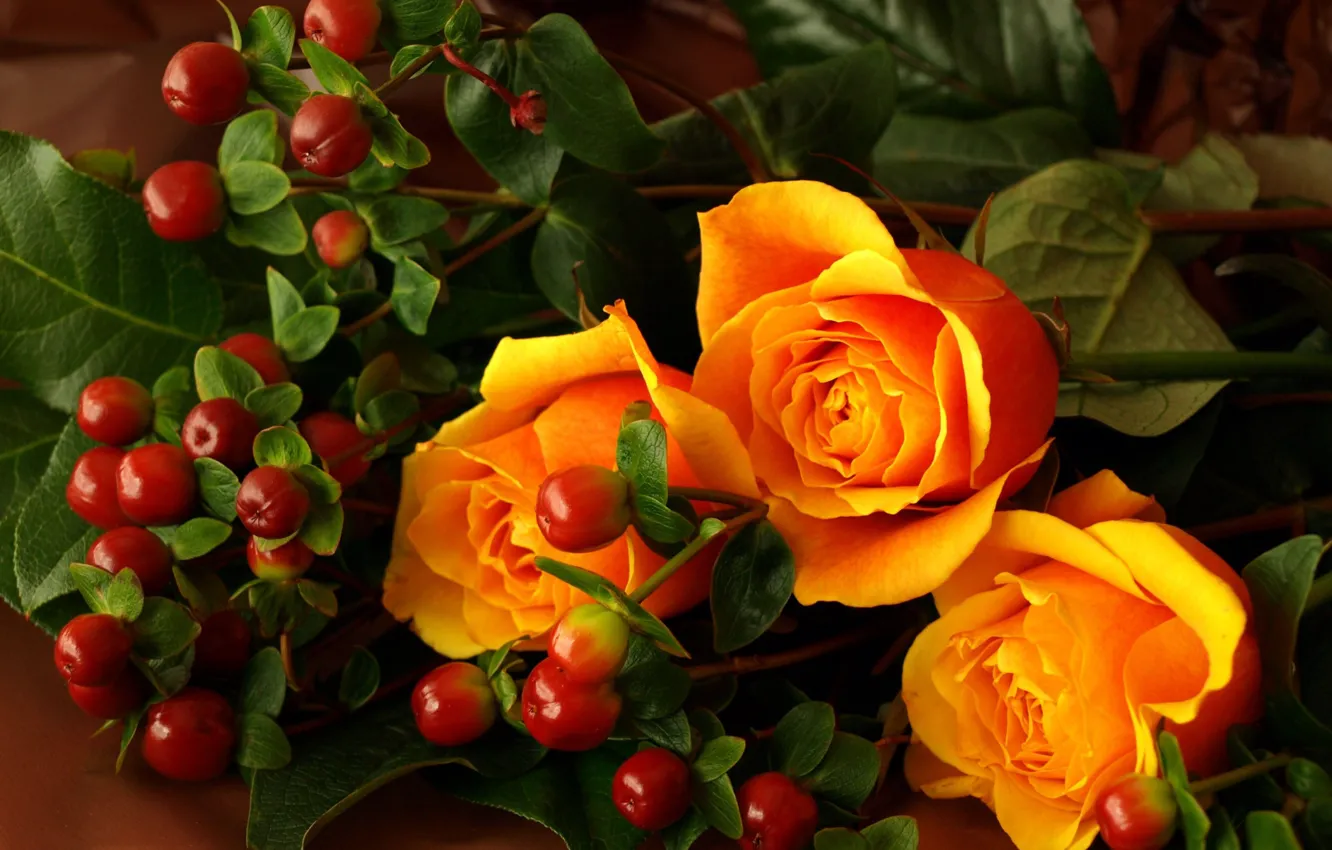 Фото обои оранжевый, ягоды, розы