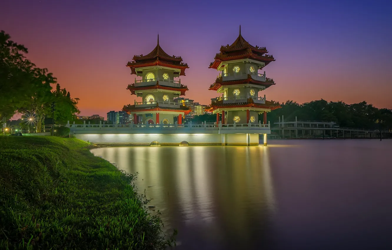 Фото обои огни, Азия, Сингапур, пагода, Китайские сады