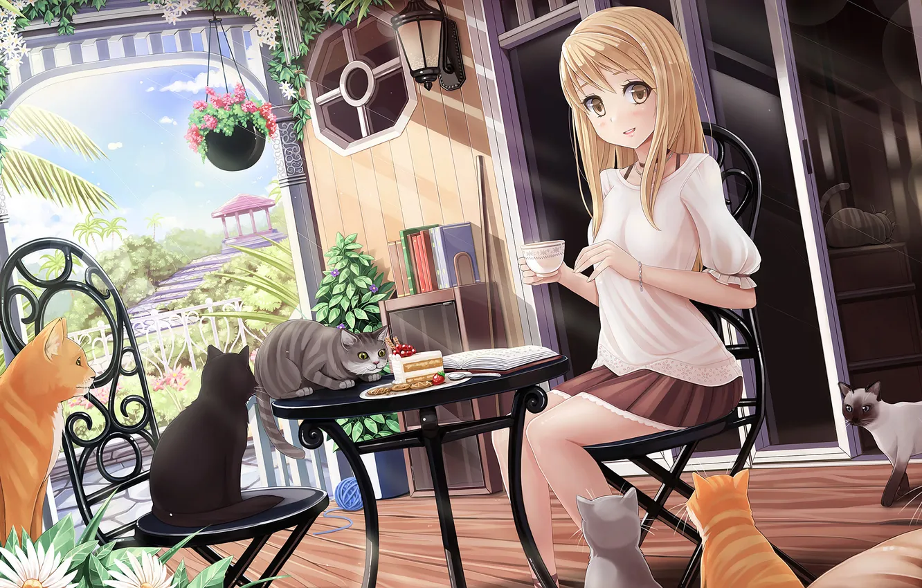 Фото обои девушка, цветы, улыбка, дом, коты, аниме, арт, чашка