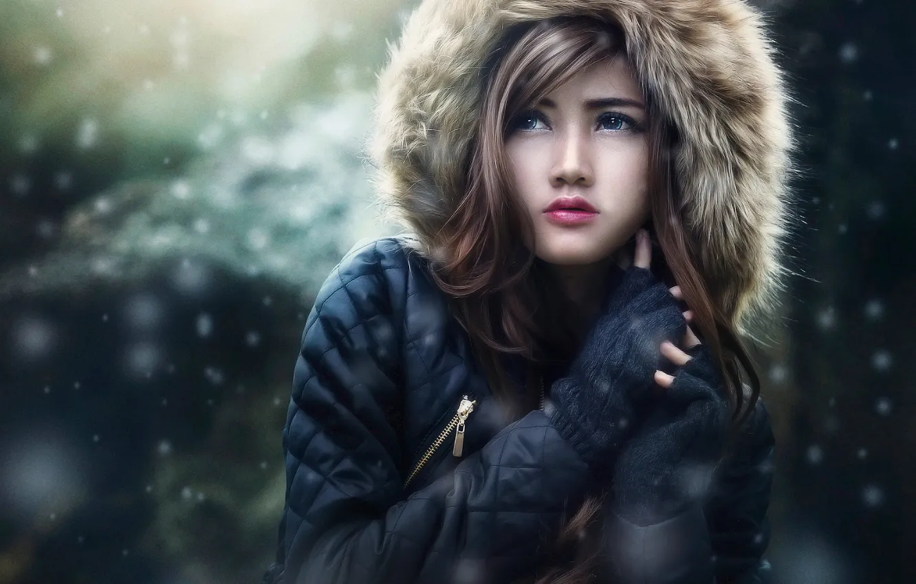 Фото обои зима, девушка, снег, холодно