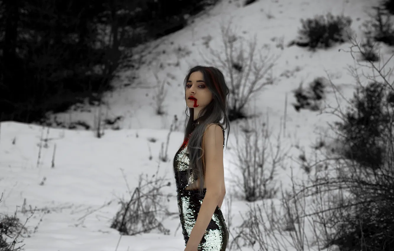 Фото обои девушка, снег, кровь, губы, Death reigns over all