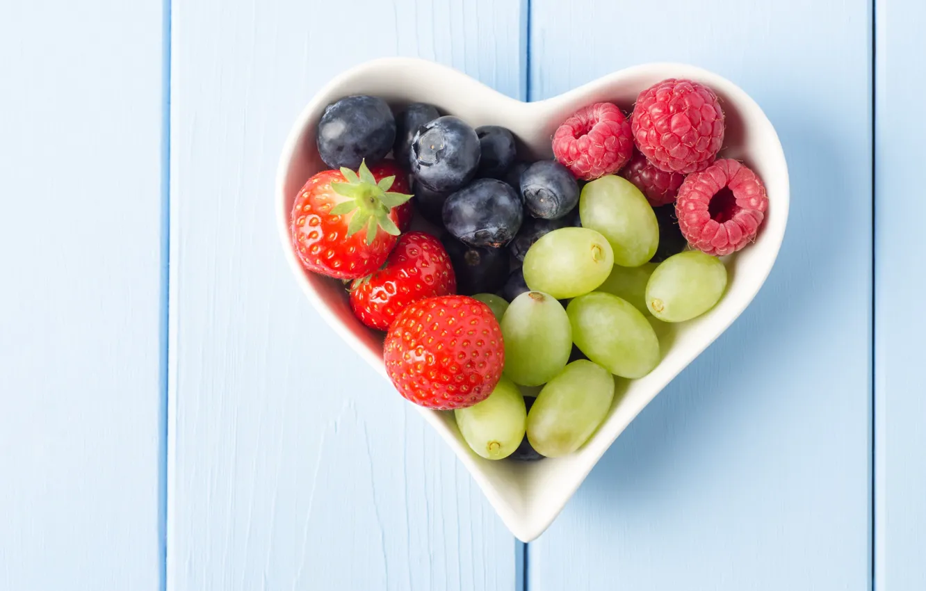 Фото обои ягоды, малина, фон, widescreen, обои, сердце, еда, черника