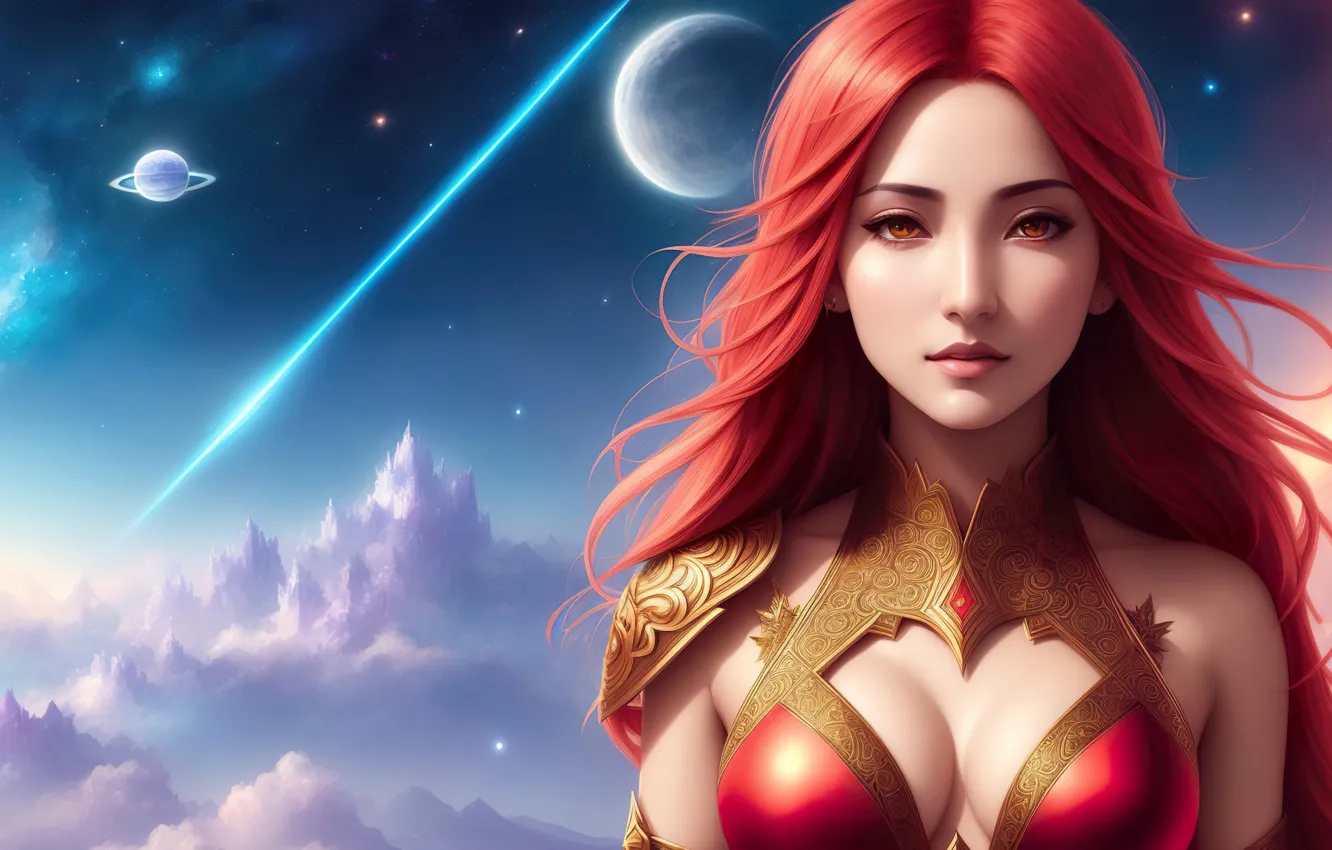 Фото обои space, girl, fantasy, red hair, art, digital art, fantasy art, fantasy girl
