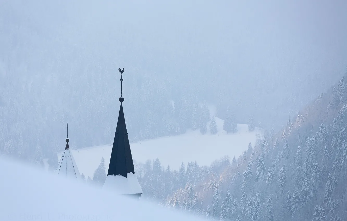 Фото обои зима, пейзаж, туман, France, Isère, Monastère de la Grande Chartreuse