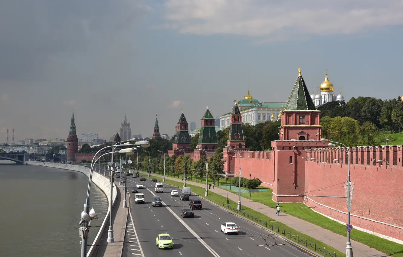 Фото обои дорога, Москва, башни, Кремль