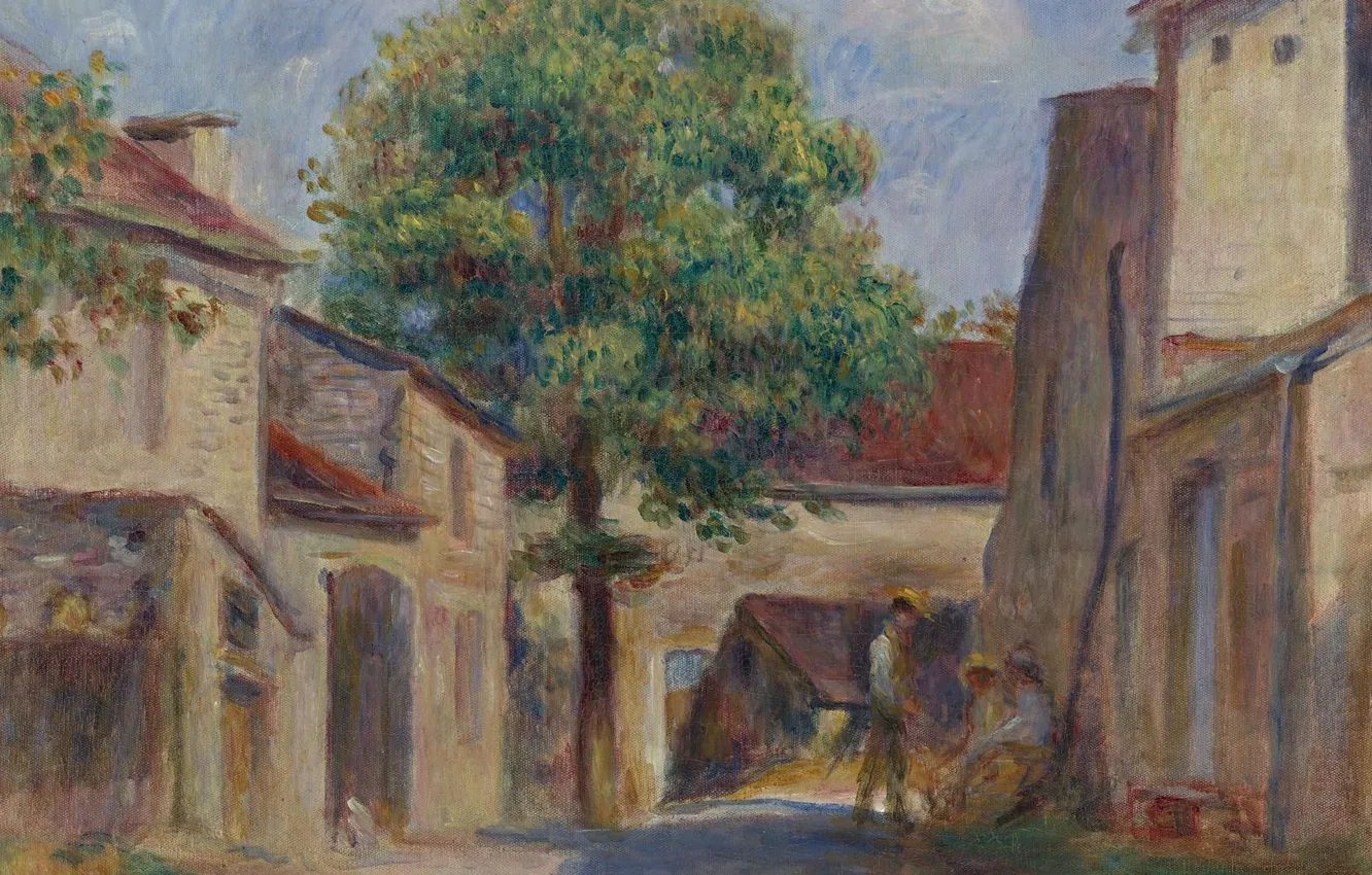 Фото обои пейзаж, дом, картина, Пьер Огюст Ренуар, Pierre Auguste Renoir, Двор Фермы в Эссуа