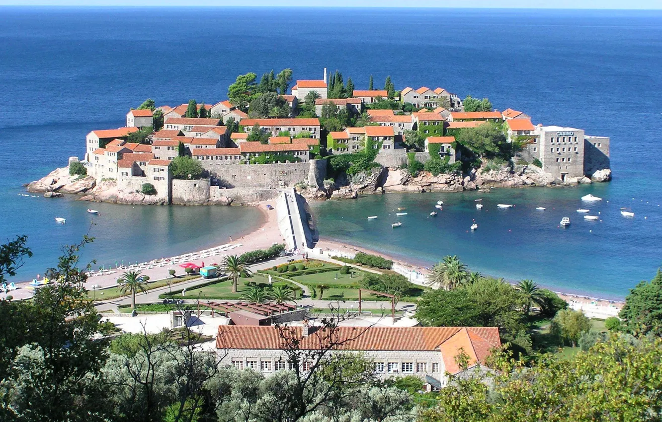 Фото обои море, отдых, остров, курорт, Черногория, Будва, Свети-Стефан, Святой Стефан