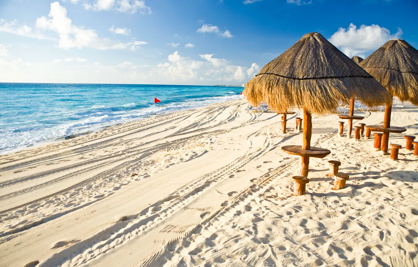 Фото обои песок, пляж, океан, зонтики
