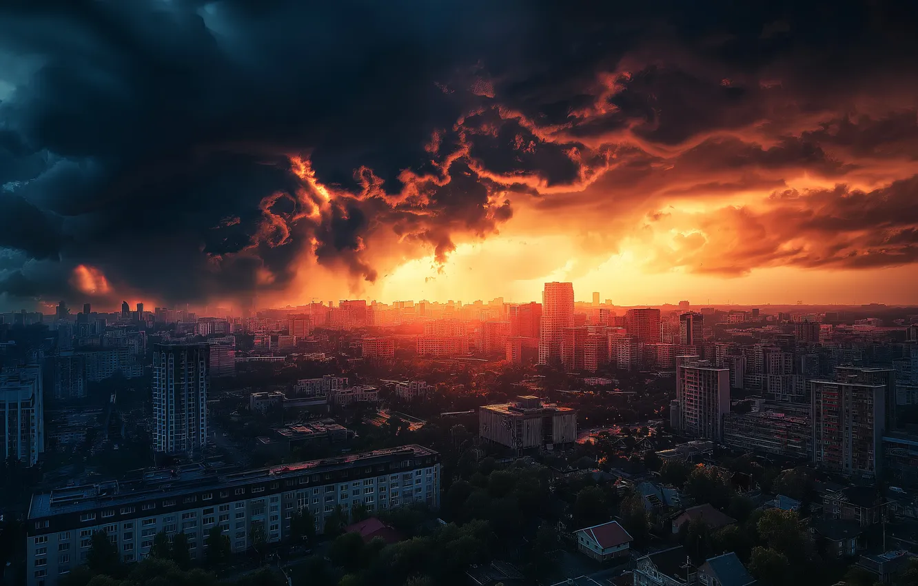 Фото обои город, cityscape, грозовые облака, apocalyptic, storm clouds, ИИ арт, AI art