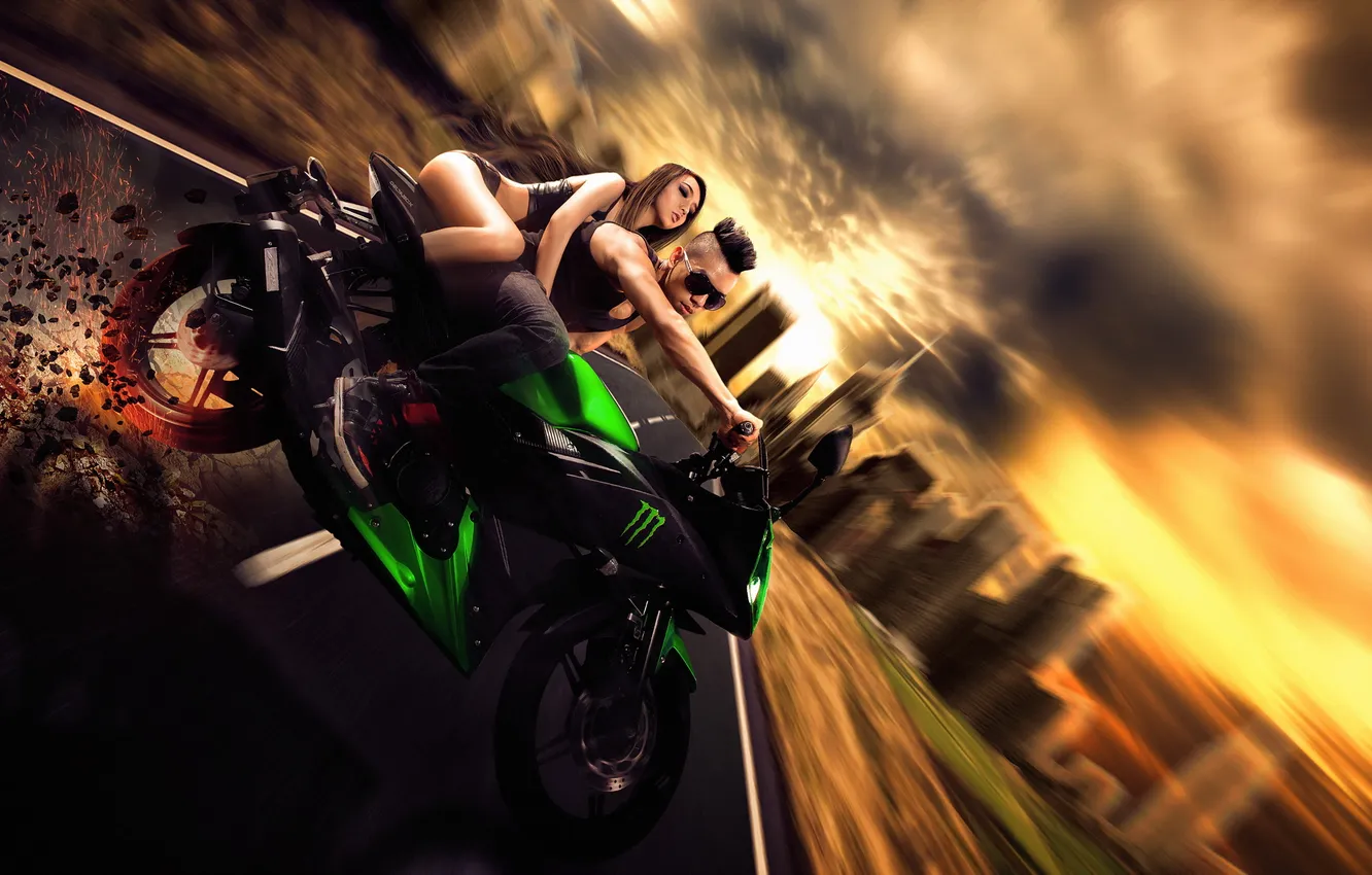 Фото обои девушка, мотоцикл, парень