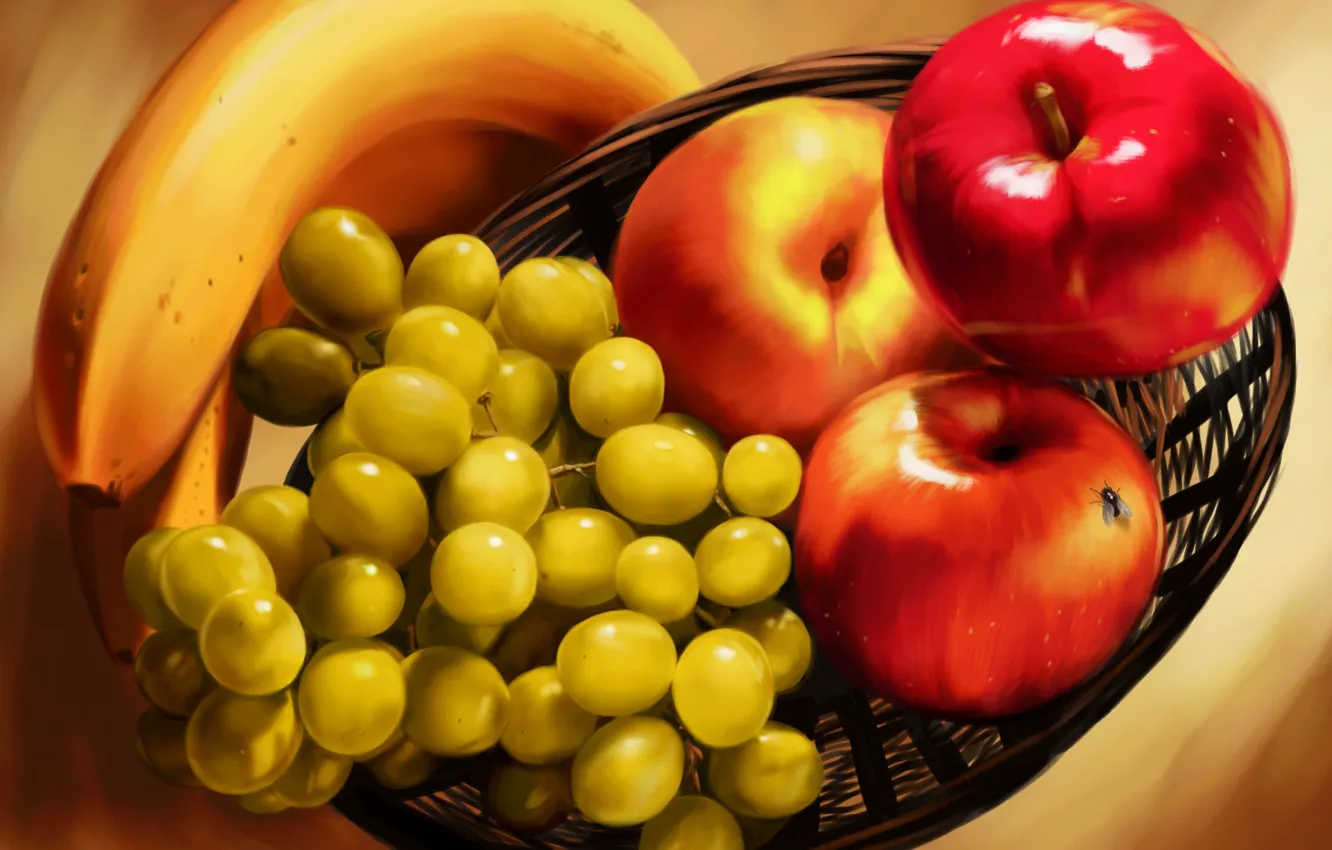 Фото обои муха, корзина, яблоки, масло, бананы, живопись, винограды