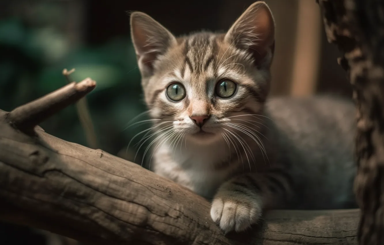 Фото обои кошка, кот, взгляд, котенок, портрет, арт, бревно, мордашка