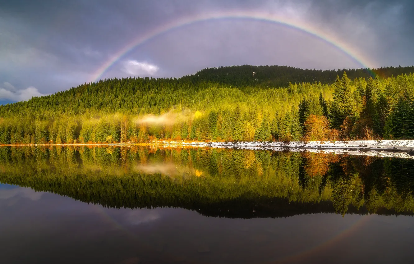 Фото обои осень, лес, небо, свет, озеро, отражение, берег, радуга