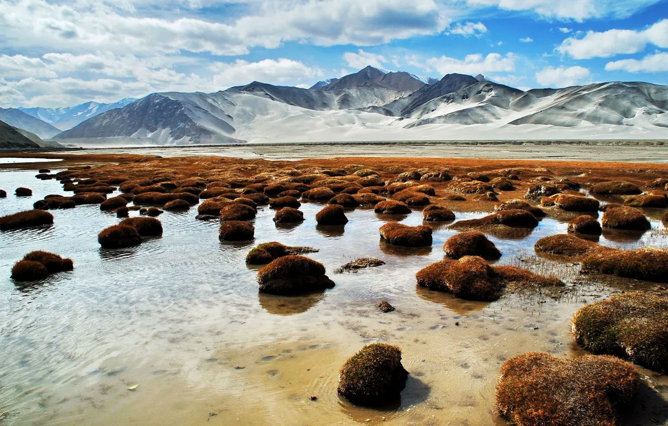 Фото обои небо, вода, облака, горы, камни, Памир