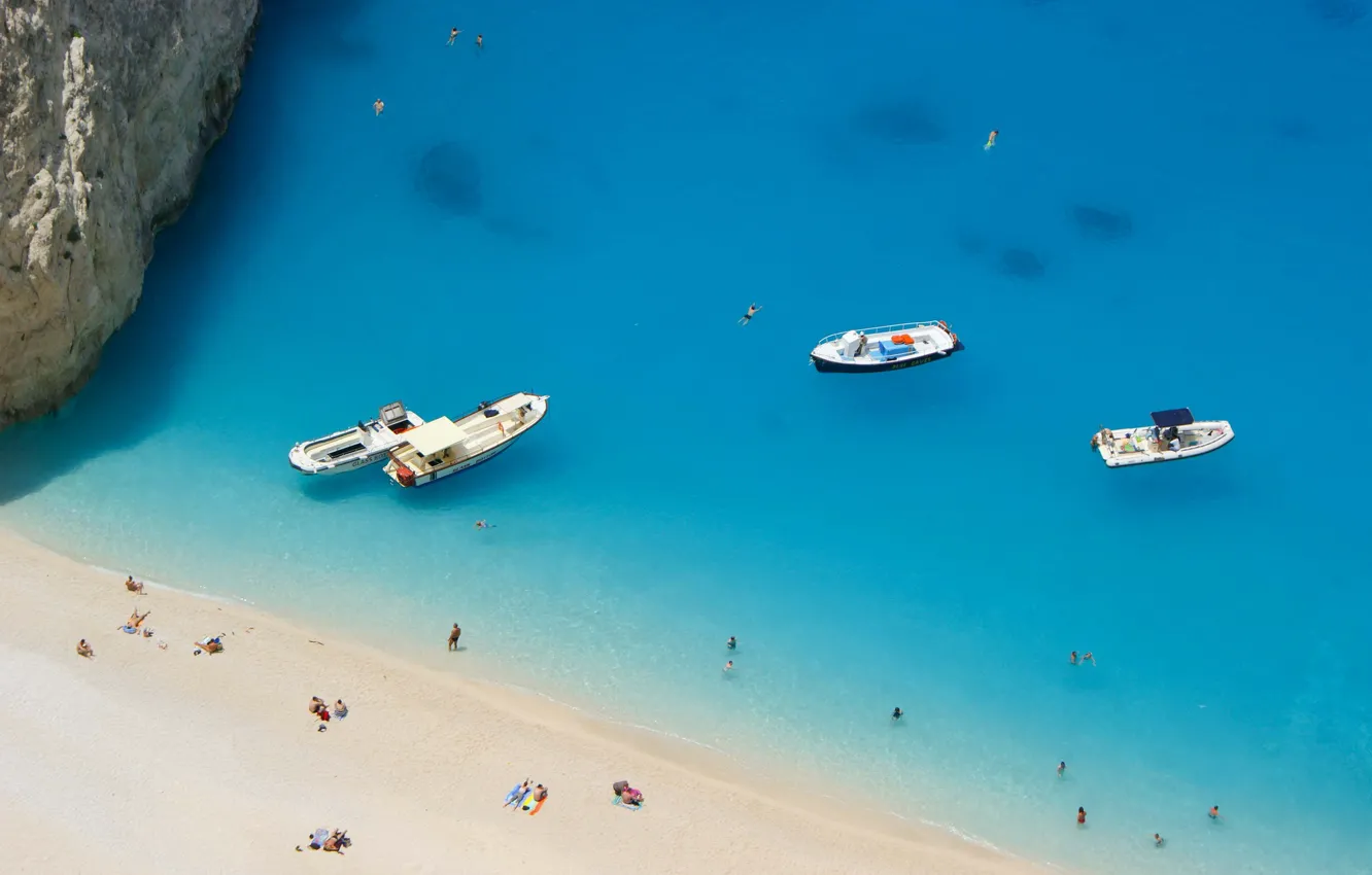 Фото обои пляж, скала, люди, лодка, остров, Греция, Ионическое море, Закинф