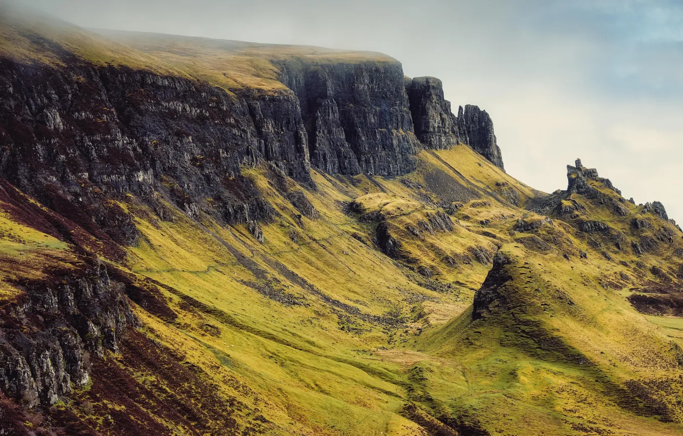 Фото обои landscape, nature, Europe, clouds, fog, Scotland, mist, cliff